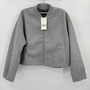 Zara Women's Heather Grey Full Zip Bomber Jacket size XL Felted Long Sleeve